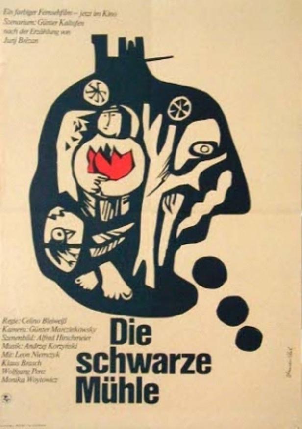 Plakat für den Film „Die schwarze Mühle“ mit einer stilisierten Darstellung einer Mühle in Form eines Gesichts.