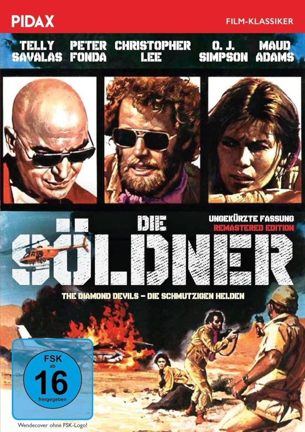 Das Filmplakat für „Die Söldner“ zeigt Telly Savalas, Peter Fonda, Christopher Lee, O. J. Simpson und Maud Adams.