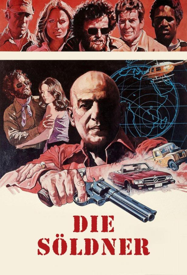 Das Filmplakat für „Die Söldner“ zeigt eine Gruppe von Personen und einen Revolver.