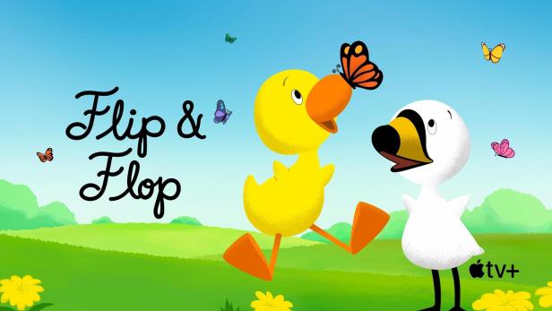 Gelbe Ente und weißer Schwan, die Hauptfiguren der Serie „Flip & Flop“.