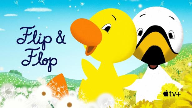 Das animierte Logo für „Flip & Flop“ mit einer Ente und einer Möwe.