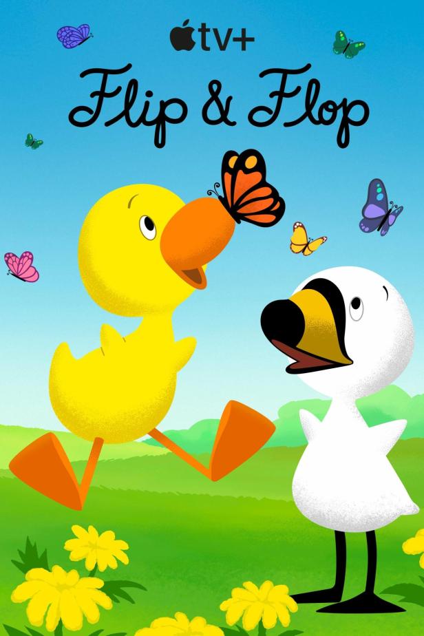 Ein gelbes Entchen und ein weißer Schwan auf einer Wiese unter dem Titel „Flip & Flop“.