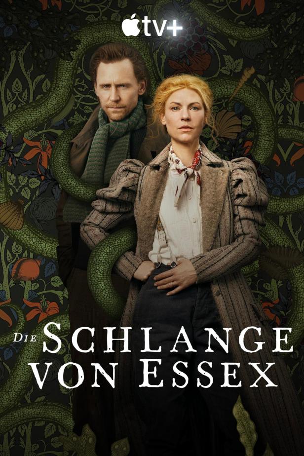 Das Filmplakat für „Die Schlange von Essex“ mit Claire Danes und Tom Hiddleston vor einem Schlangenmuster.