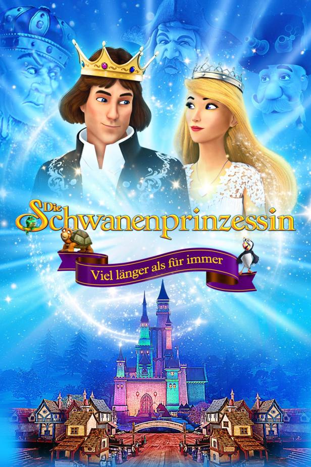 Das Filmplakat für „Die Schwanenprinzessin“ zeigt Prinz, Prinzessin und eine Burg.