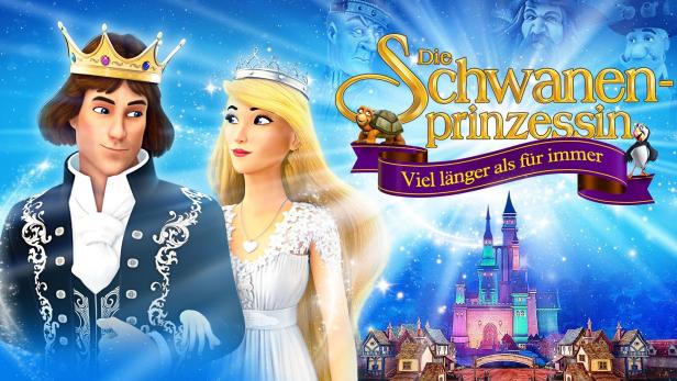 Das Filmplakat für „Die Schwanenprinzessin“ zeigt die animierten Prinz und Prinzessin vor einem Schloss.
