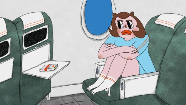 Animierte Frau sitzt mit angezogenen Beinen auf Flugzeugsitz