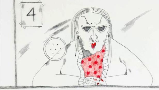 Animierte Frau mit roten Lippen und rotem Halstuch sitzt hinter einem Schalter