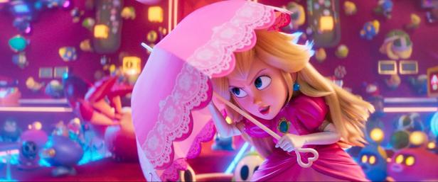 Die Prinzessin spannt einen rosa Schirm auf und findet Deckung