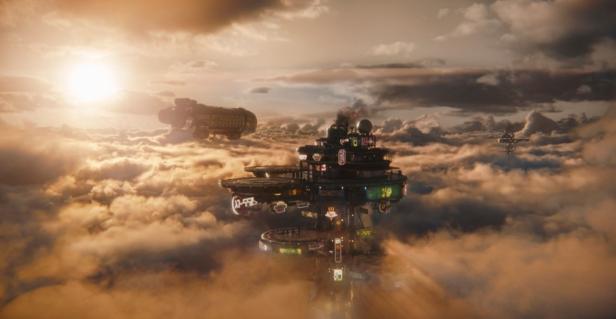 Eine futuristische, beleuchtete Plattform schwebt über einem dichten Wolkenmeer, während ein Raumschiff im goldenen Licht der untergehenden Sonne vorbeifliegt.