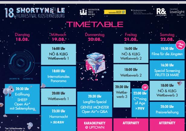 Der Timetable des 18. Shortynale Filmfestivals in Klosterneuburg zeigt das Programm vom 18. bis 22. August mit Wettbewerben, Screenings und Partys.