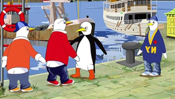 Eine animierte Szene mit vier Pinguinfiguren an einem Kai mit einem Schiff im Hintergrund.