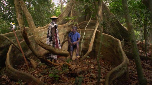 Ein Mann in traditioneller Kleidung steht neben einem Jungen, der auf einer Baumwurzel im Wald sitzt.