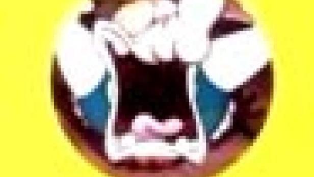 Ein Cartoon-Gesicht mit aufgerissenem Mund und großen Zähnen auf gelbem Hintergrund.