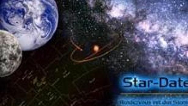 Eine Illustration von Erde, Mond und einer Galaxie mit dem Text „Star-Date“.