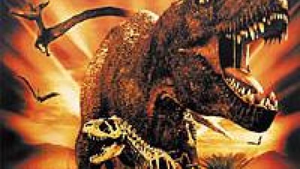 Ein Tyrannosaurus Rex brüllt vor einem orangefarbenen Himmel, während ein Dinosaurierskelett im Vordergrund liegt.