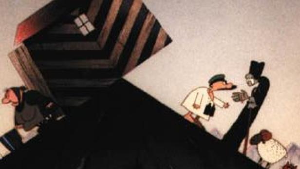 Eine Szene aus dem Animationsfilm „Es gab einen Hund“ mit verschiedenen Charakteren.