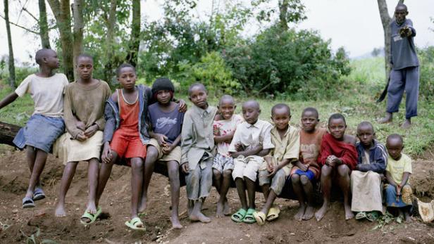 Eine Gruppe afrikanischer Kinder sitzt auf einem Baumstamm vor einer grünen Landschaft.