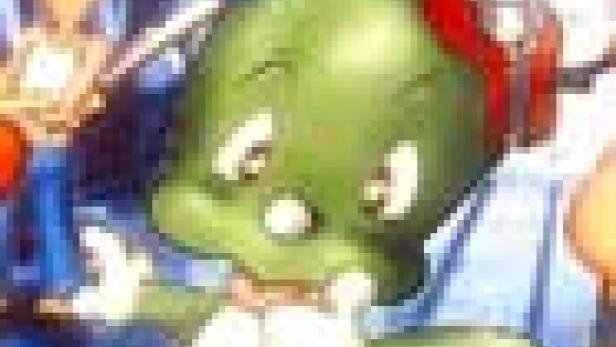 Ein grüner Cartoon-Charakter mit einem roten Hut und einem weißen Hemd.