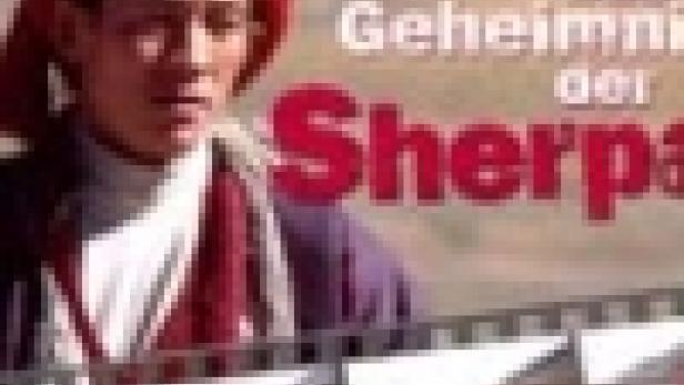 Ein Filmposter für „Das Geheimnis der Sherpas“ mit einem jungen Mann im Vordergrund.