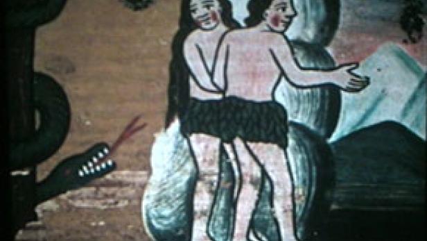 Eine naive Darstellung von Adam und Eva mit der Schlange im Garten Eden.