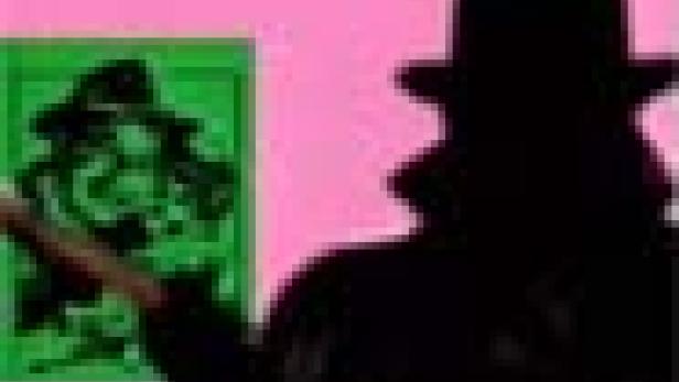 Die Silhouette eines Mannes mit Hut und Mantel vor einem pinkfarbenen Hintergrund.