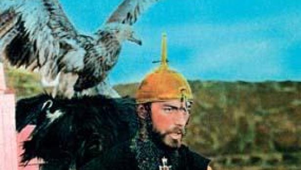 Ein Mann mit Bart und Helm mit einem großen Vogel auf seiner Schulter.