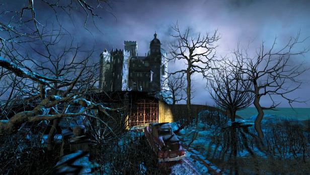 Ein Auto fährt nachts auf ein unheimliches Schloss zu.