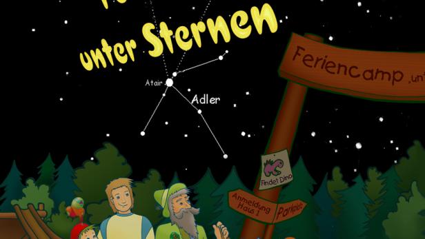 Eine Gruppe von Kindern und ein Mann sitzen unter dem Sternenhimmel auf einem „Feriencamp“-Schild.