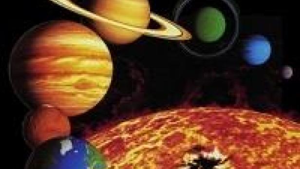 Eine Illustration, die die Sonne und einige Planeten unseres Sonnensystems zeigt.