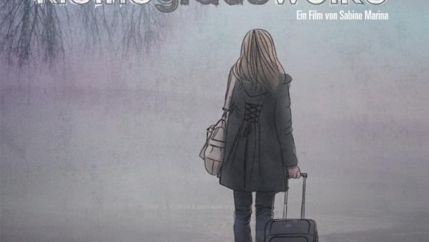 Das Filmplakat für „Kleinegrauewolke“ zeigt eine Frau mit Koffer vor einem grauen Hintergrund.