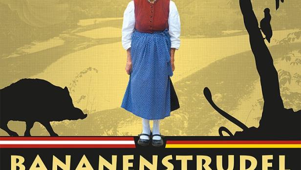 Das Filmplakat zu „Bananenstrudel Dirndl“ zeigt eine ältere Frau vor einer stilisierten Landschaft.