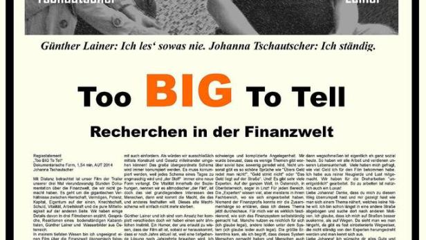 Das Filmplakat zu „Too Big To Tell“ zeigt Johanna Tschautscher und Günther Lainer, die über Finanzrecherchen sprechen.