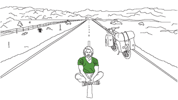 Ein Mann sitzt auf einer Landstraße neben seinem bepackten Fahrrad; Filmposter „Pedal the World“.