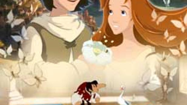 Ein animiertes Filmposter für „Zwerg Nase“ mit einem jungen Paar und einem Zwerg.