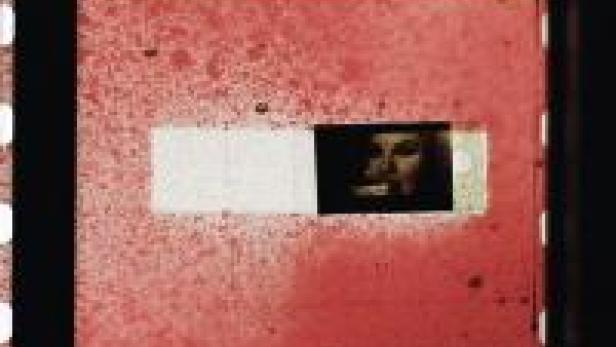 Ein verfremdetes Porträt einer Frau in einem roten Rahmen.