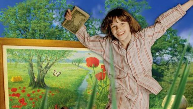 Das Filmplakat für „Erik im Land der Insekten“ zeigt einen Jungen vor einer gemalten Landschaft mit Insektenfiguren.