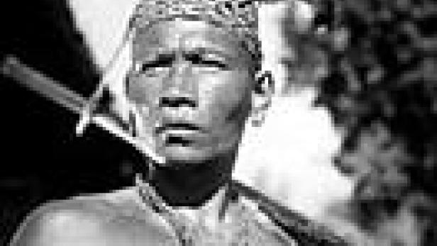 Ein Mann mit Kopfschmuck und traditioneller Halskette trägt einen Gegenstand über der Schulter.