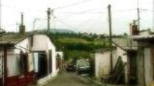 Eine Straße führt durch ein kleines Dorf mit weißen Häusern.