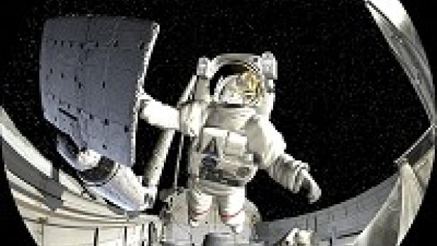Ein Astronaut schwebt im Weltraum, neben einer Raumstation mit Solarpanelen.