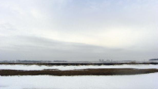 Eine verschneite Landschaft unter einem bewölkten Himmel.