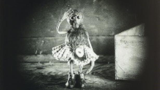 Eine unheimliche Puppe in einem Tutu steht in einem dunklen Raum.