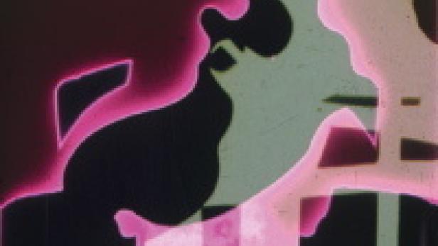 Eine abstrakte Darstellung mit pinkfarbenen und schwarzen Formen, die an ein Gesicht erinnern.