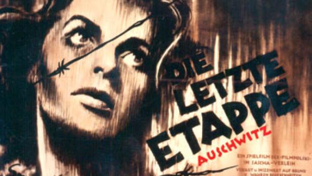 Das Filmplakat für „Die letzte Etappe“ zeigt eine Frau hinter Stacheldraht in Auschwitz.