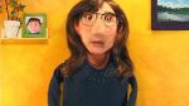 Eine Tonfigur einer Frau mit Brille vor einer gelben Wand.
