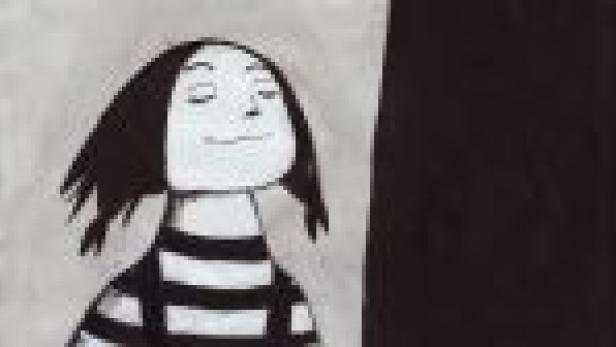 Eine schwarz-weiße Illustration einer Frau mit geschlossenen Augen und einem gestreiften Hemd.