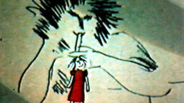 Eine gezeichnete Szene mit einem großen Löwenkopf über einem kleinen Mädchen in einem roten Kleid.