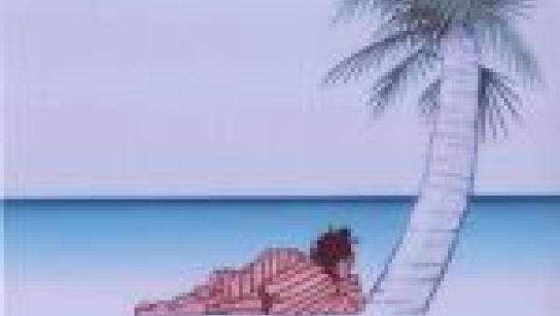Eine Person liegt am Strand im Schatten einer Palme.