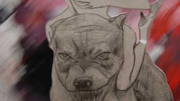 Eine gezeichnete Frau reitet auf dem Rücken eines grimmig dreinblickenden Pitbulls.