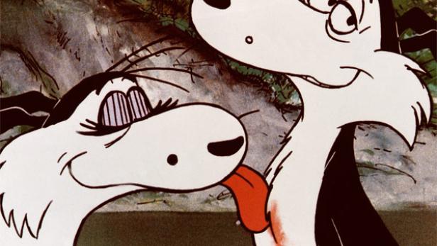 Zwei Hunde, gezeichnet im Cartoon-Stil, interagieren miteinander.