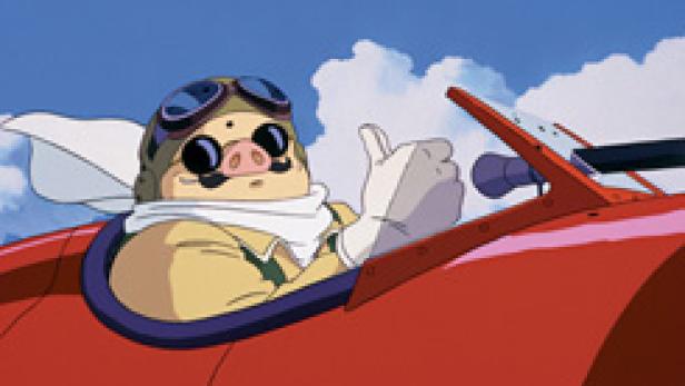 Ein anthropomorphes Schwein gibt in einem roten Flugzeug einen Daumen nach oben.